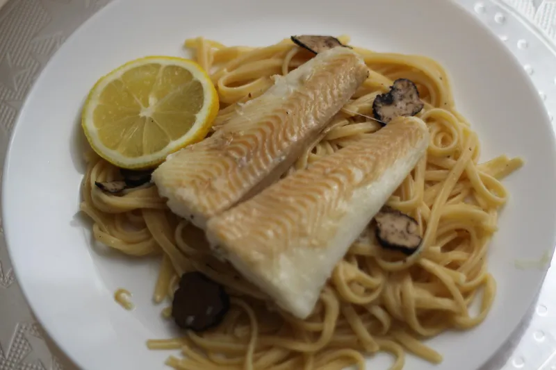 3. Halibut Pasta with Lemon Butter Mushroom Sauce