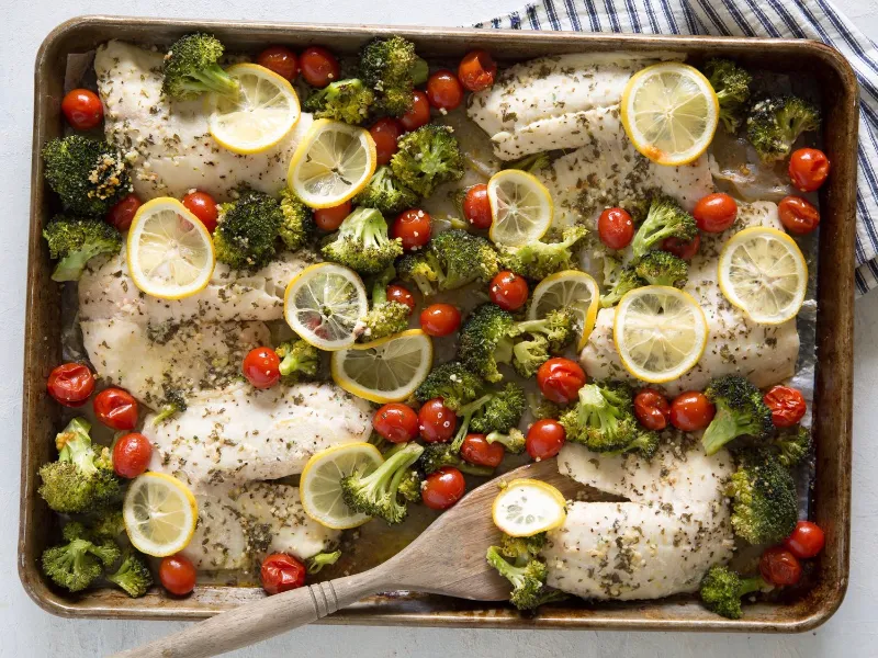 9. Garlic Butter Sheet Pan Tilapia Veggies