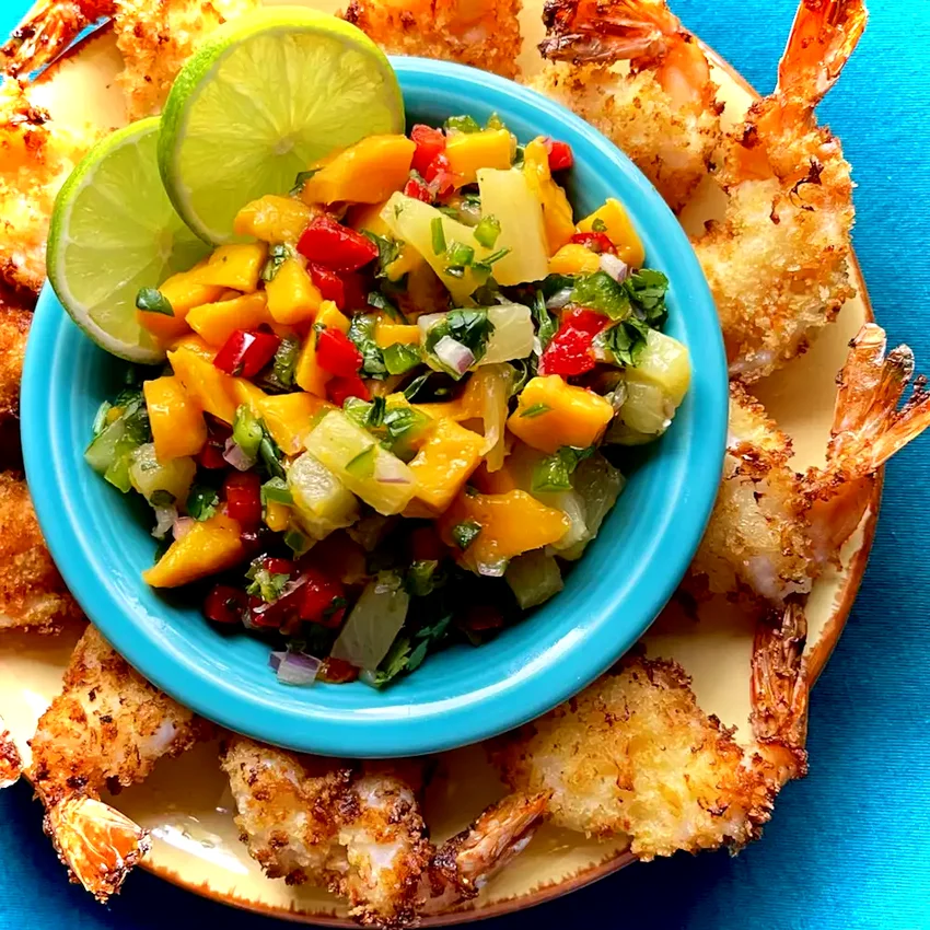 44 Hot Weather Air Fryer Recipes for Easy Summer Cooking Air Fryer Butterflied Shrimp with Pineapple and Mango Salsa