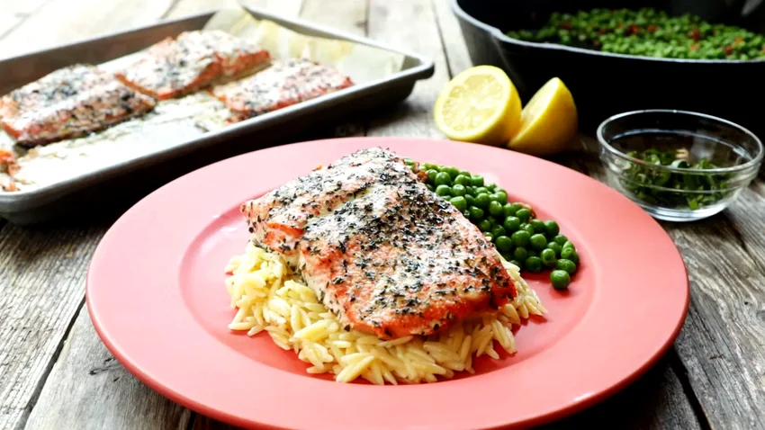 10 Amazing Salmon Pasta Dishes Perfect for Any Dinner Menu Baked Salmon with Lemony Orzo and Basil-Bacon Peas