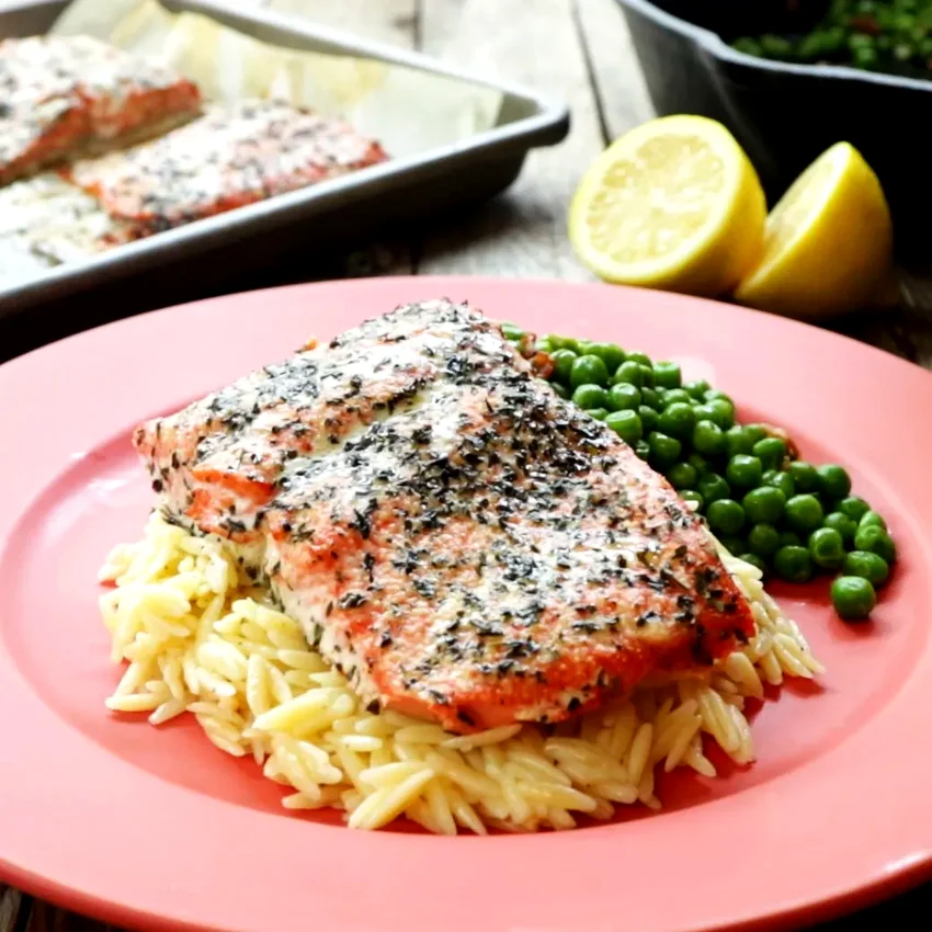 Baked Salmon with Lemony Orzo and Basil-Bacon Peas