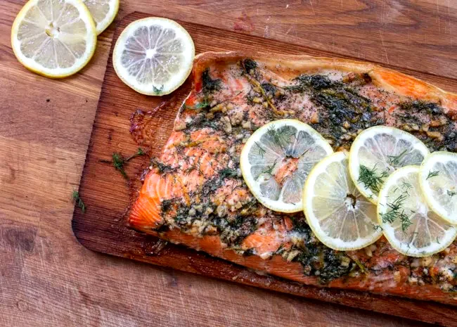 Cedar Plank-Grilled Salmon with Garlic, Lemon, and Dill