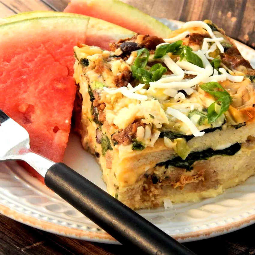 22 Creative Baguette Recipes Beyond Simple Sandwiches Cheesy Brunch Strata with Soy Sausage and Spinach