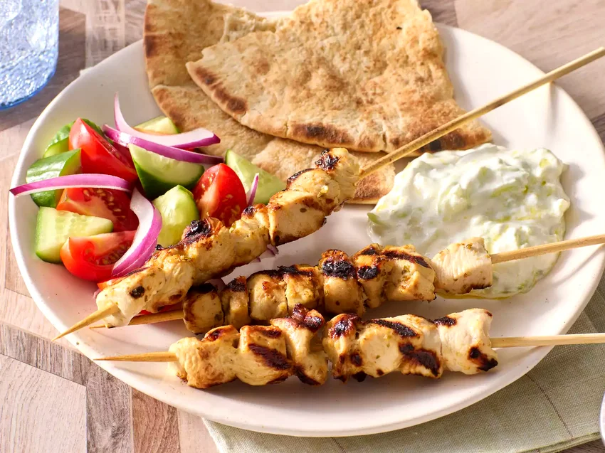 12 Mediterranean Chicken Dishes That Bring Greece Home Chicken Souvlaki with Tzatziki Sauce