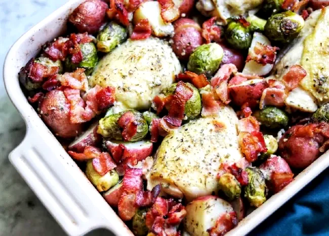 48 Simple 9x13 Pan Dinner Recipes for Easy Family Meals Chicken and Brussels Sprouts with Bacon and Potatoes
