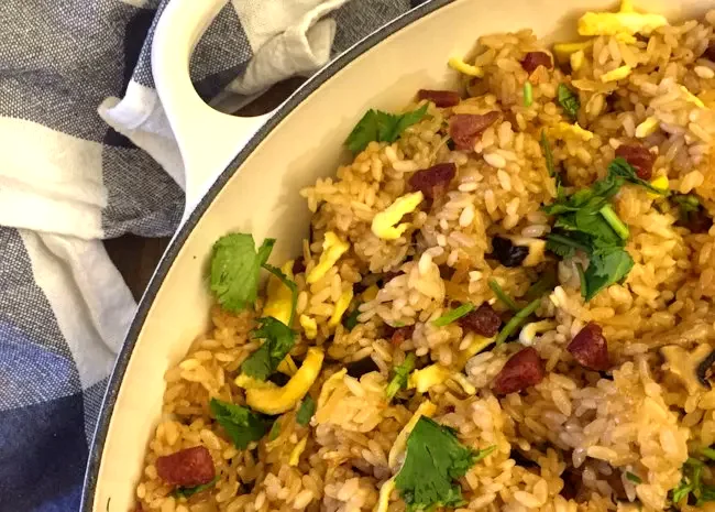 Chinese Stir-Fried Sticky Rice with Chinese Sausage
