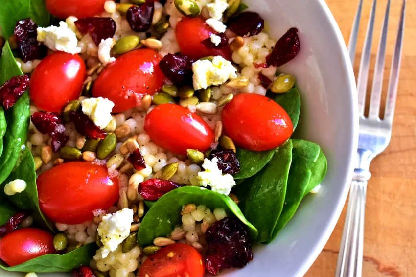 Couscous Salad with Kale, Tomatoes, Cranberries, and Feta