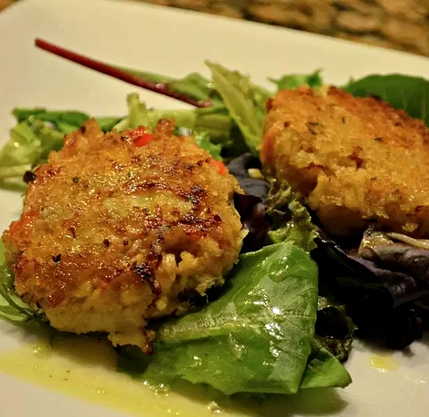 Deviled Crab Cakes on Mixed Greens with Ginger-Citrus Vinaigrette