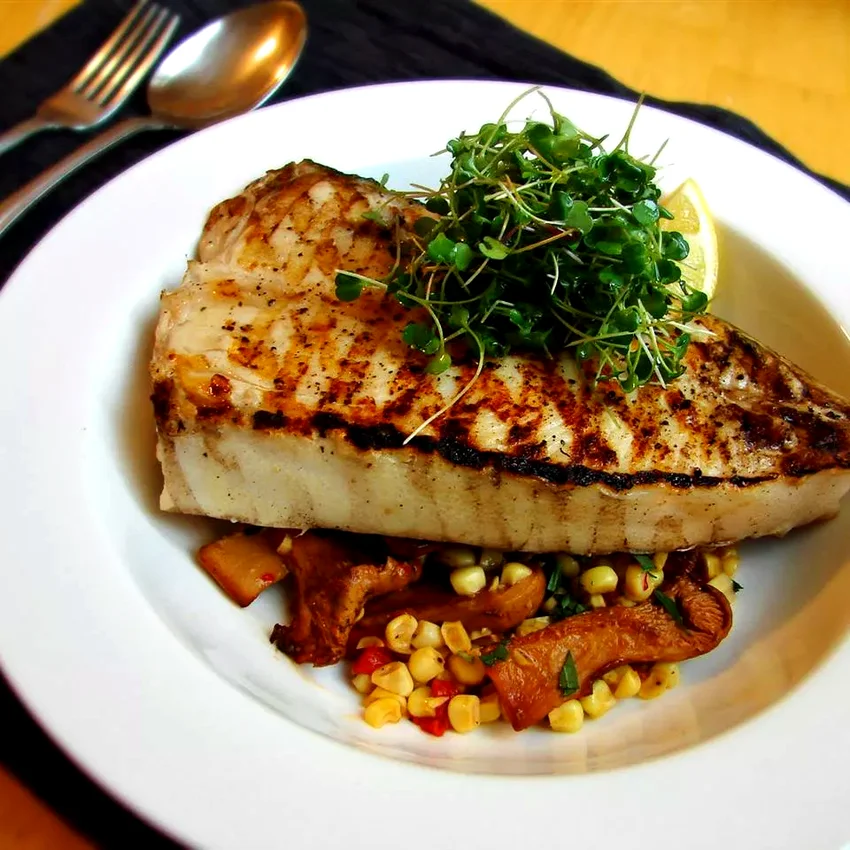 Grilled Halibut Steaks with Corn and Chanterelles
