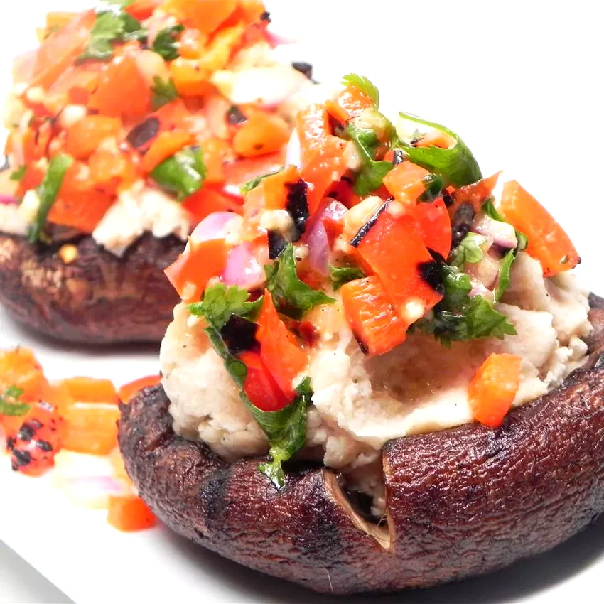 Grilled Portobello Mushrooms with Mashed Cannellini Beans and Harissa Sauce