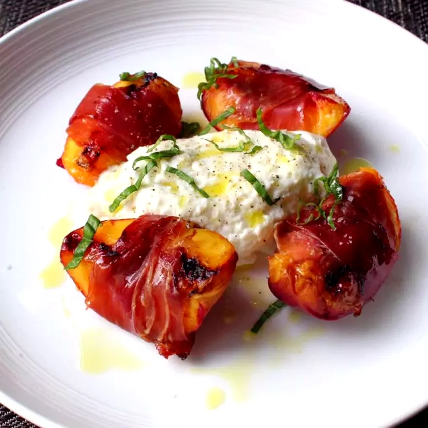 Grilled Prosciutto-Wrapped Peaches with Burrata and Basil