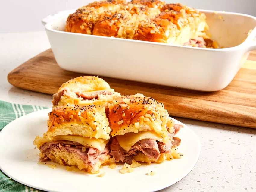 48 Simple 9x13 Pan Dinner Recipes for Easy Family Meals Hawaiian Roll Roast Beef and Cheese Sandwiches