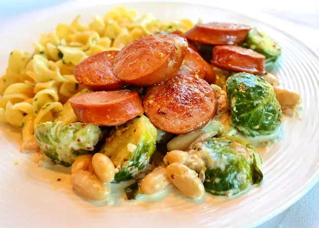 Kielbasa with Brussels Sprouts in Mustard Cream Sauce