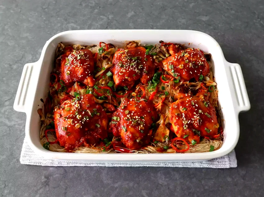 48 Simple 9x13 Pan Dinner Recipes for Easy Family Meals Korean Spicy Chicken Rice Noodle Bake