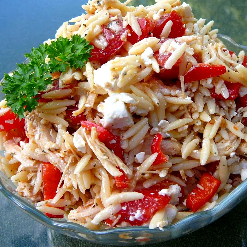 Mediterranean Chicken and Orzo Salad In Red Pepper Cups
