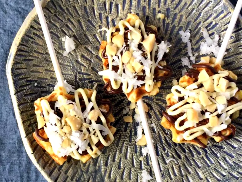 20 Morning Finger Foods Perfect for Large Groups Mini Waffle Pops with Chocolate, Coconut, and Macadamia Nuts