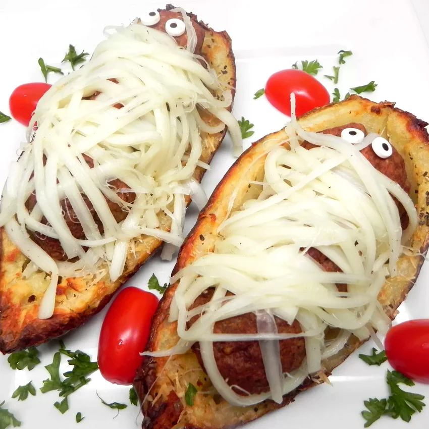 24 Spooky Halloween Dinner & Party Ideas That Will Wow Mummified Meatballs in Crispy Potato Skin Coffins