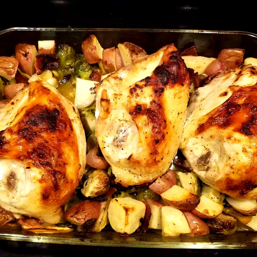 12 Amazing Bone-In Chicken Breast Dinner Ideas Pan-Roasted Chicken with Lemon-Garlic Brussels Sprouts and Potatoes