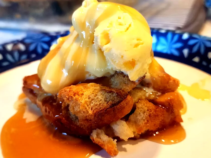Peachy Bread Pudding with Caramel Sauce