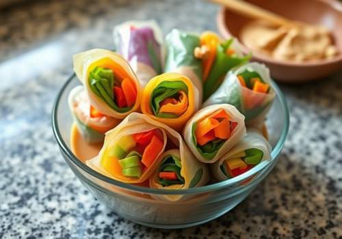 Rainbow Spring Rolls with Peanut Sauce