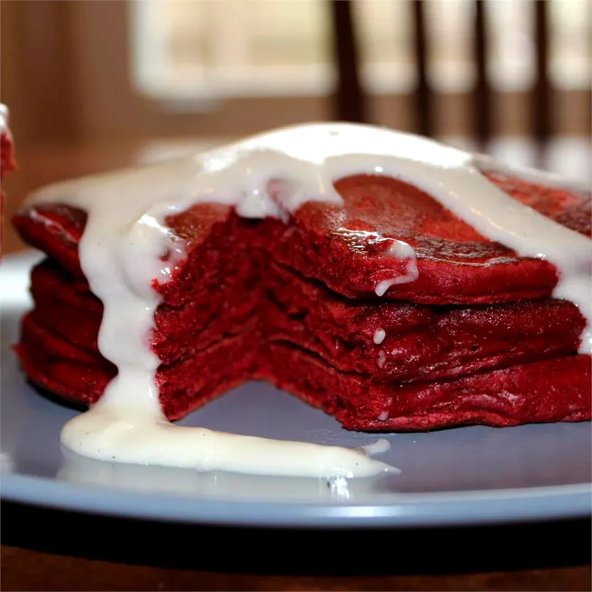 15 Sweet Breakfast Ideas That Taste Like Amazing Desserts Red Velvet Pancakes with Cream Cheese Glaze