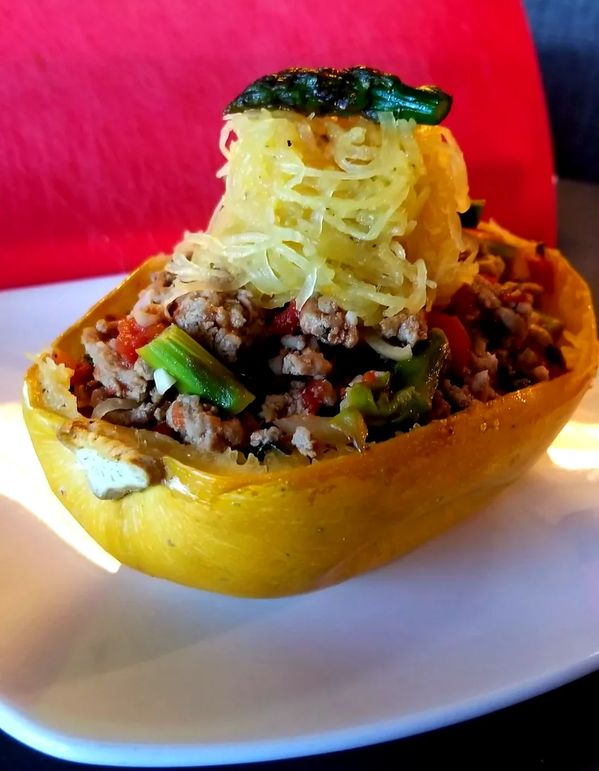 Roasted Spaghetti Squash with Ground Turkey and Vegetables