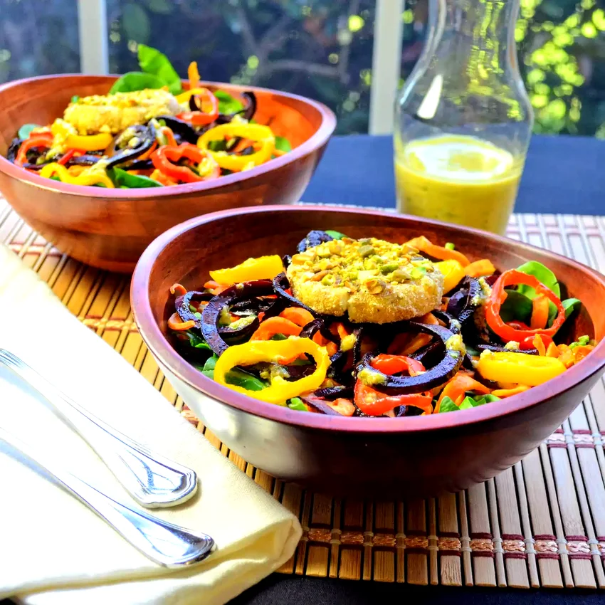 Top 25 Creamy Goat Cheese Recipe Ideas for Every Occasion Roasted Sweet Potato and Beet Noodle Salad with Goat Cheese Medallions and Pistachio Vinaigrette
