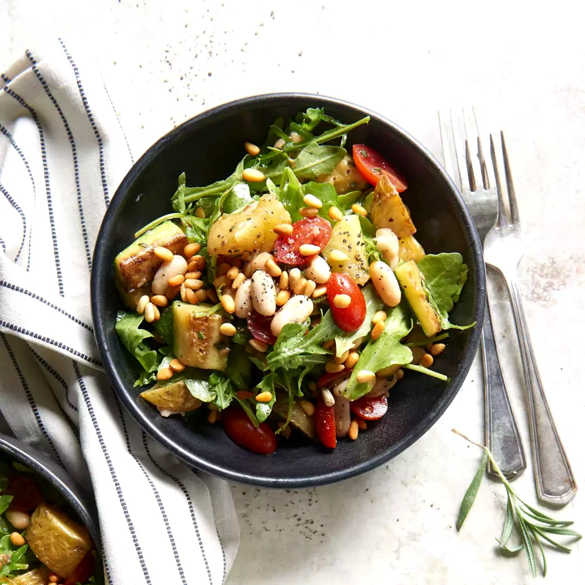 Roasted Vegetable Bowl with White Beans and Garlic-Balsamic Dressing