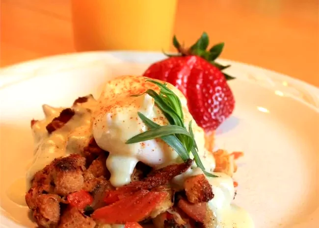 Savory Bacon and Crab Bread Pudding Eggs Benedict