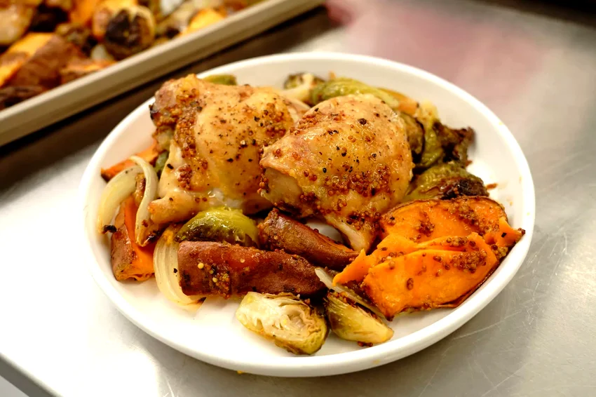 15 Sweet Potato and Chicken Recipe Ideas for Dinner Sheet Pan Chicken and Veggies with Mustard Vinaigrette