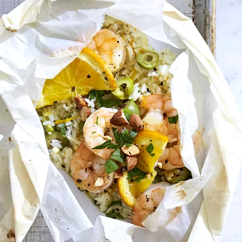 35 Creative Leftover Rice Recipes for Every Meal Shrimp and Rice Packets with Olives and Oranges