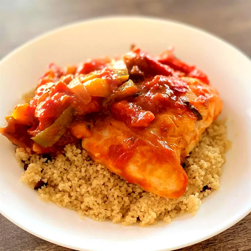 Skillet Tomato-Braised Cod with Bell Peppers and Ouzo