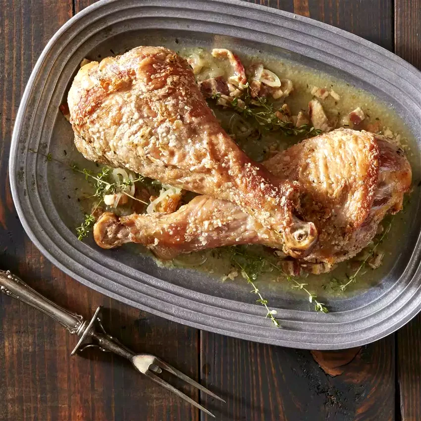 10 Amazing Turkey Thigh Recipes Better Than Whole Birds Skillet Turkey with Bacon and White Wine