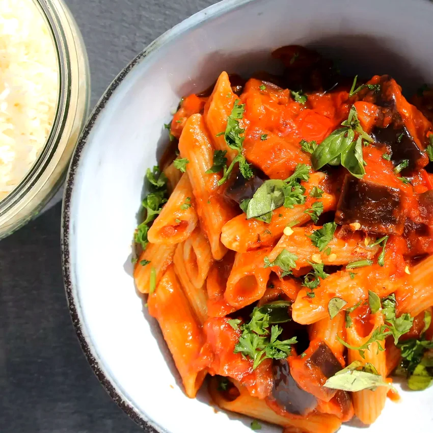 Spicy Eggplant Pasta with Pancetta