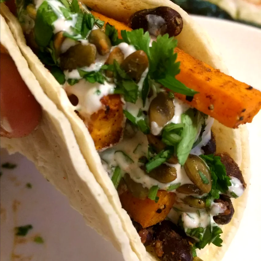 Vegan Cilantro-Lime, Sweet Potato, and Black Bean Tacos