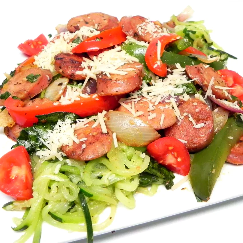 22 Healthy Zucchini Noodle (Zoodle) Recipe Ideas Zucchini Noodles and Summer Vegetables with Sweet Pepper Chicken Sausage