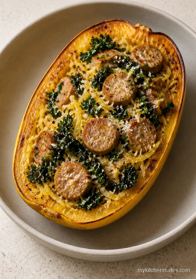 Air Fryer Spaghetti Squash with Chicken Sausage and Kale