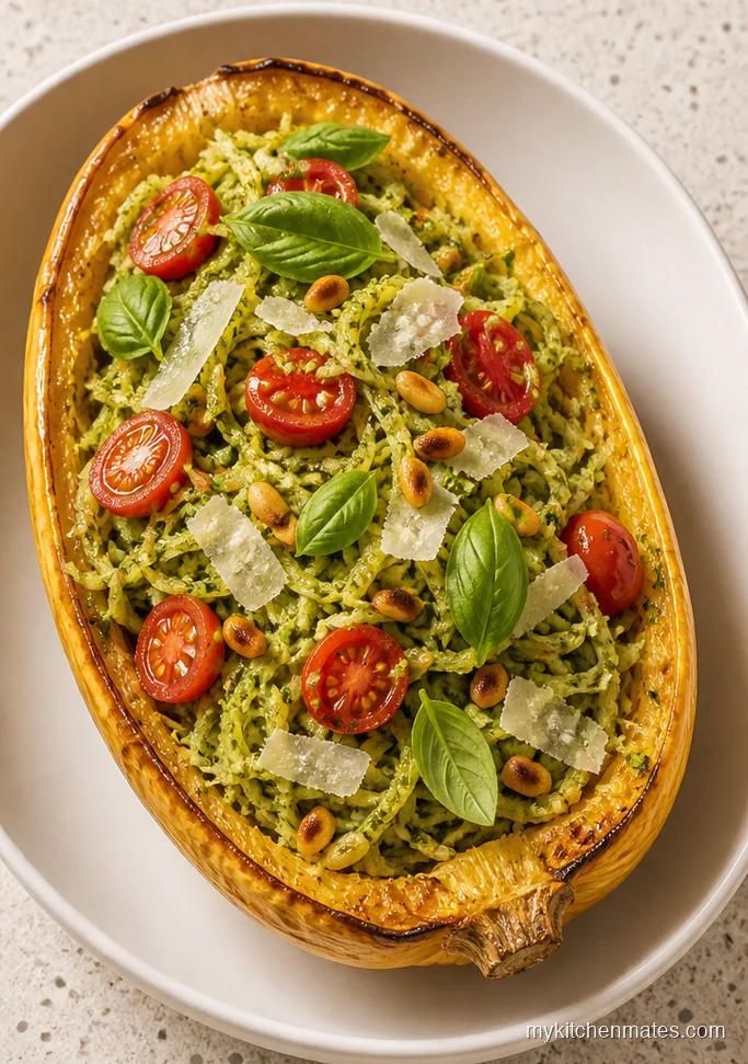 Air Fryer Spaghetti Squash with Pesto and Tomatoes