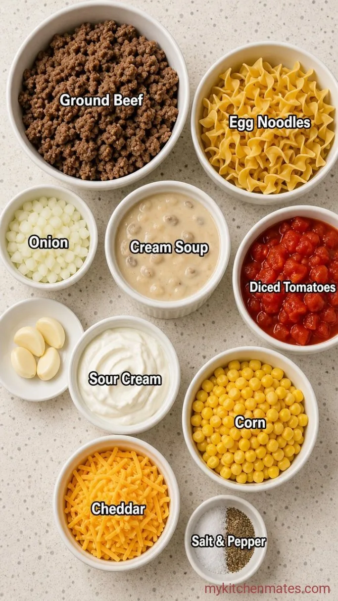 Creamy Amish Ground Beef Casserole with Egg Noodles Ingredients