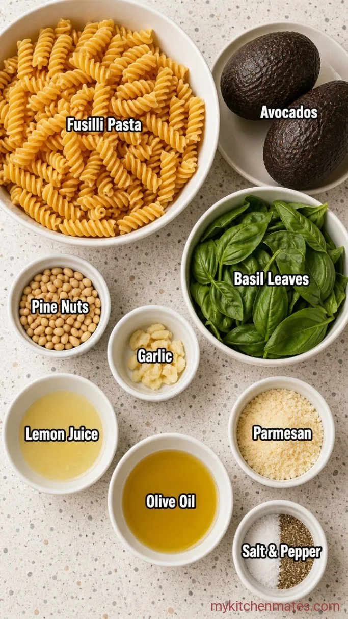 No-Cook Creamy Avocado Pesto Pasta Ingredients