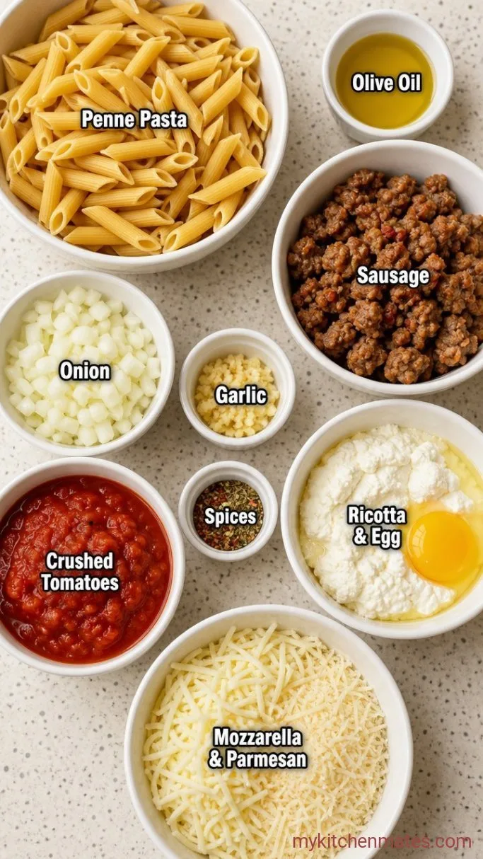Cheesy Baked Penne Pasta with Sausage and Ricotta Ingredients