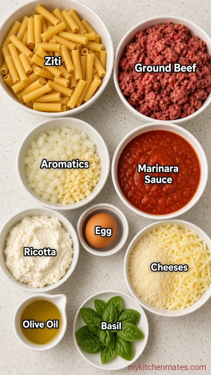 Baked Ziti with Ground Beef and Ricotta Ingredients
