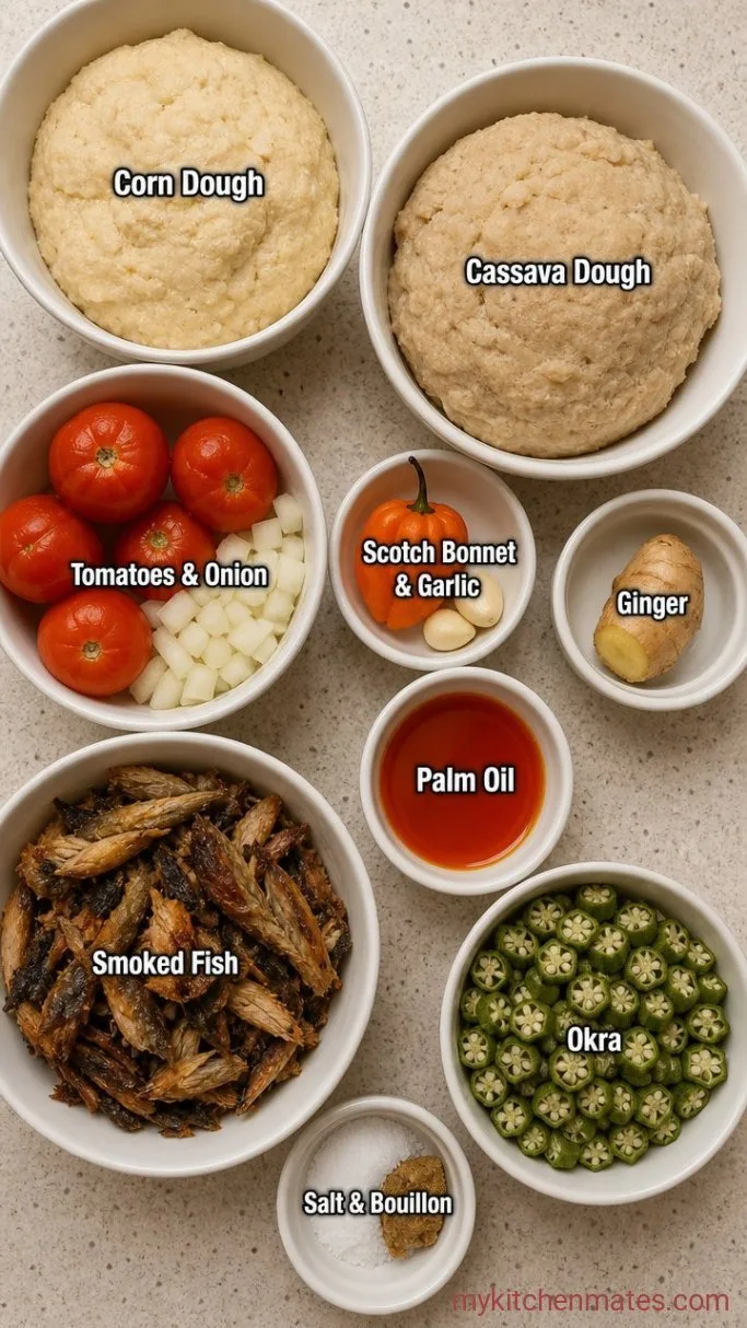 Steamed Banku and Smoky Okro Stew Ingredients