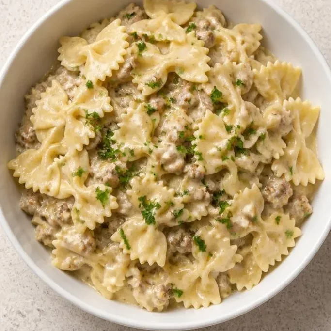 Beef and Bowtie Pasta with Alfredo Sauce