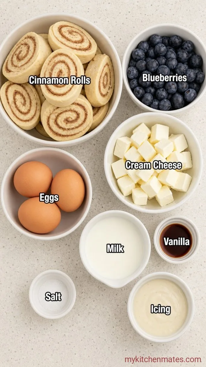 Overnight Blueberry Cinnamon Roll Casserole Ingredients