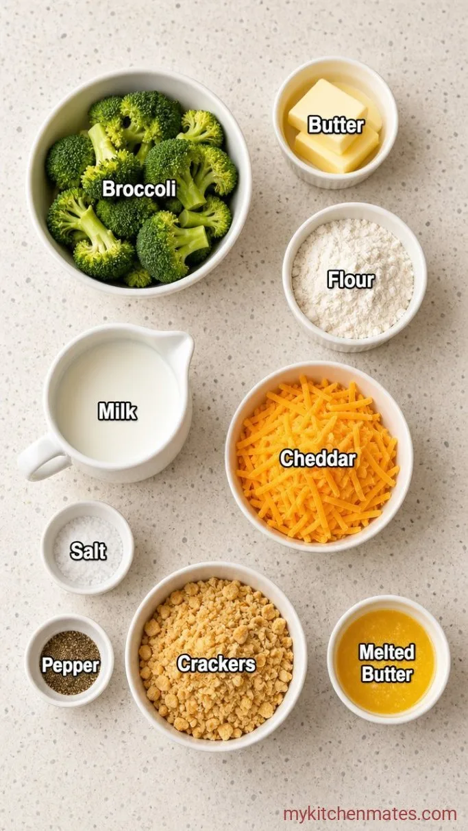 Creamy Broccoli Cheese Casserole with Buttery Cracker Topping Ingredients