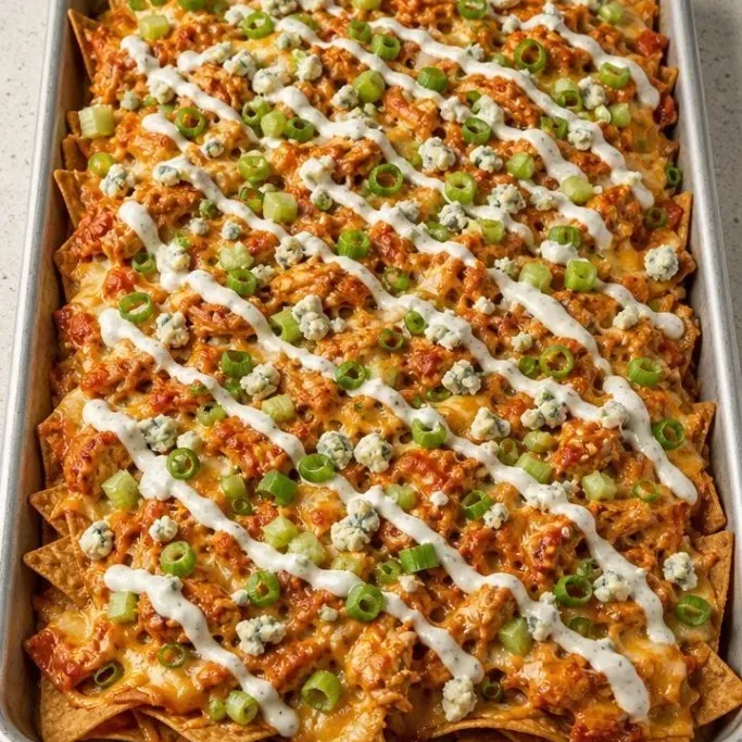 Crispy Buffalo Chicken Nachos (Sheet Pan Recipe) Buffalo Chicken Nachos