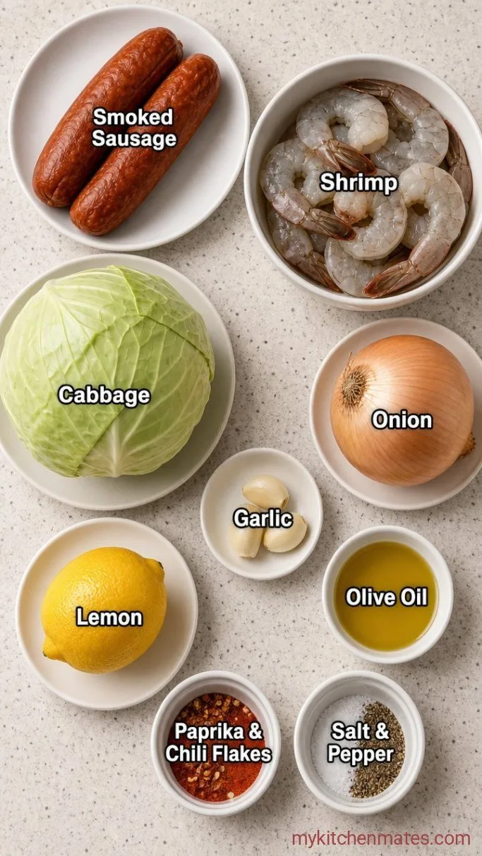 30-Minute One-Pan Cabbage, Shrimp, and Sausage Ingredients