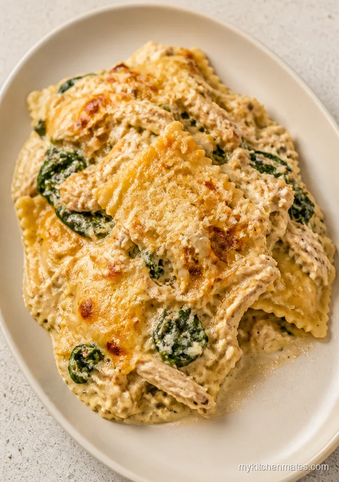Cheesy Chicken Alfredo Ravioli Bake