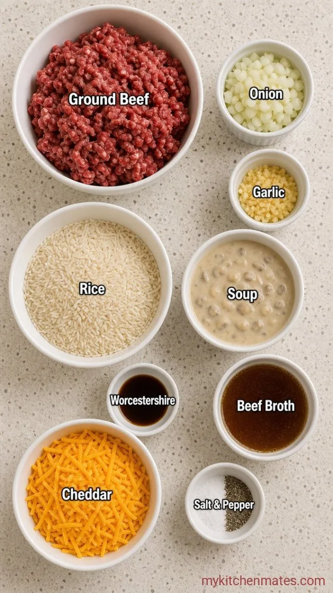 One-Skillet Cheesy Ground Beef and Rice Casserole Ingredients